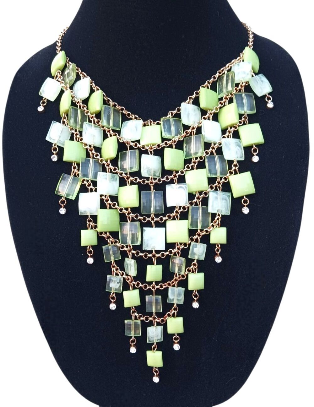 Chunky Gold Tone Bib Statement 20" Waterfall Necklace Shades Of Green Squares